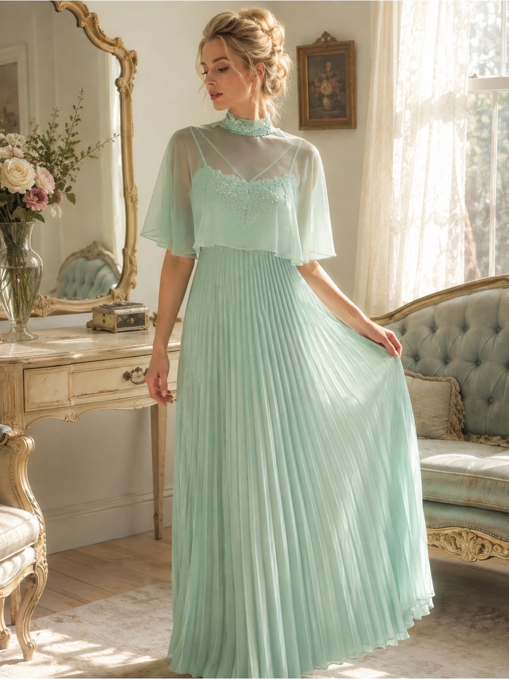 Vintage Mint Teal Green Pleated Maxi Dress with Lace Capelet